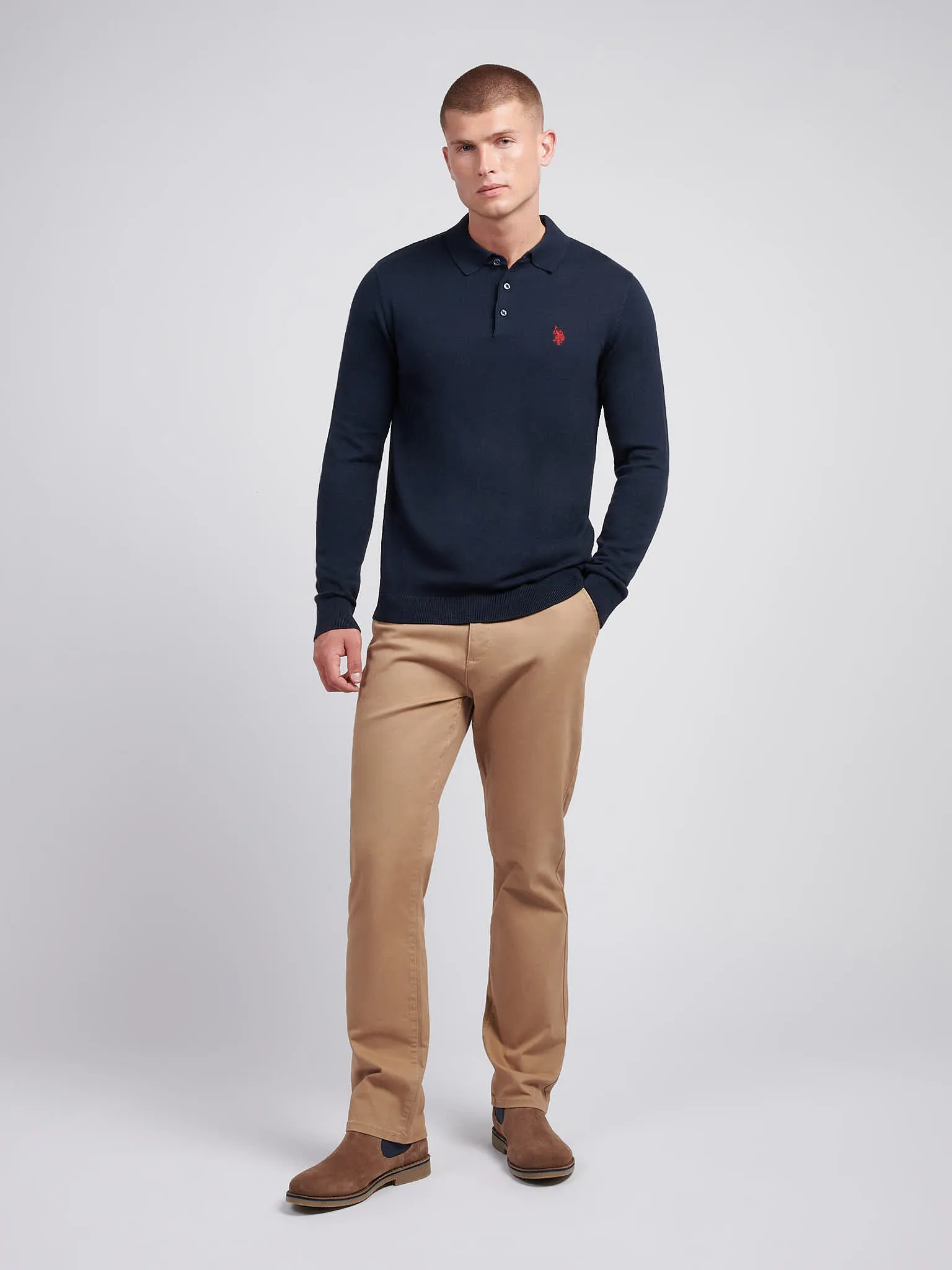 Mens Long Sleeve Knitted Polo Shirt in Dark Sapphire Navy / Haute Red DHM