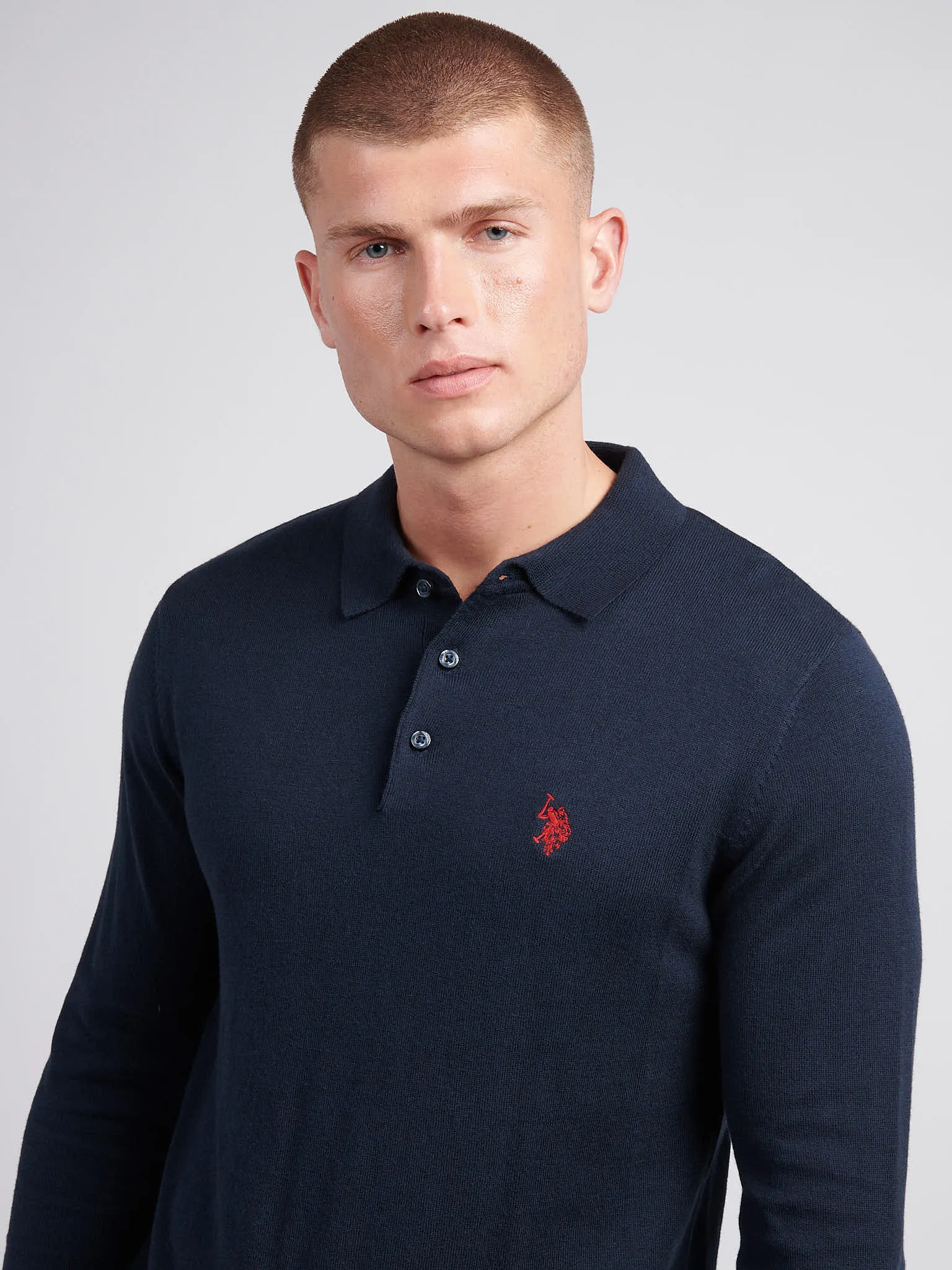 Mens Long Sleeve Knitted Polo Shirt in Dark Sapphire Navy / Haute Red DHM