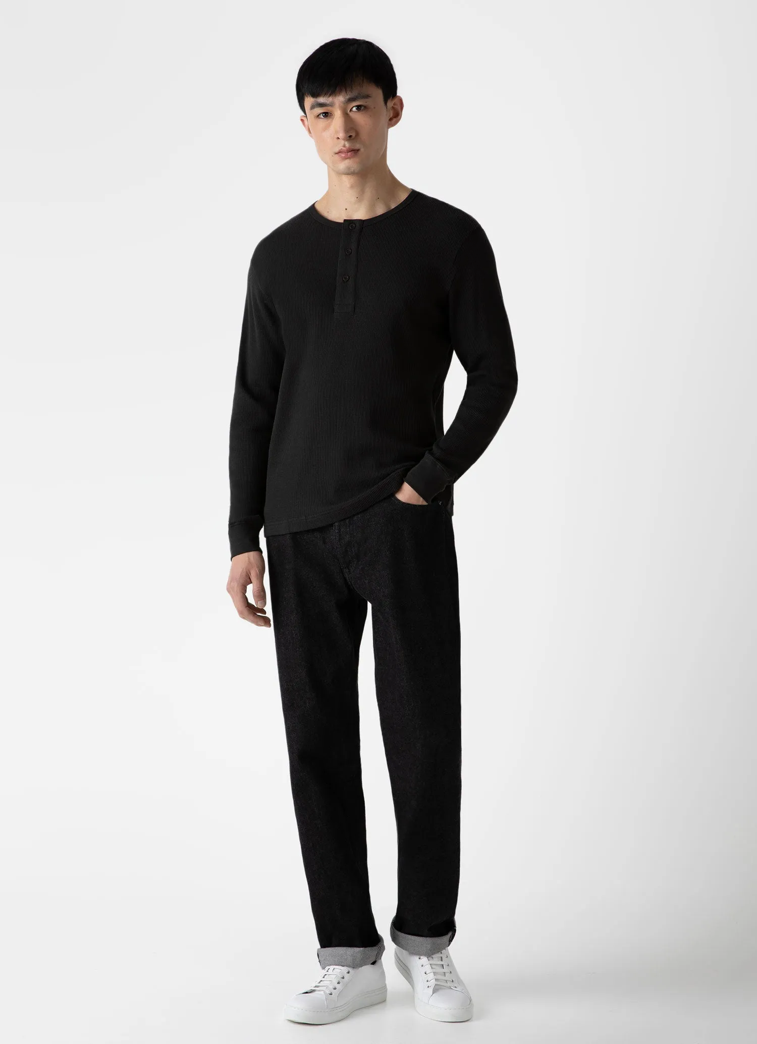 Men's Long Sleeve Waffle Henley in Coffee