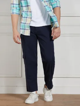 Men's Navy Cotton Lycra Solid Stretchable Relaxed fit Cargo Trousers