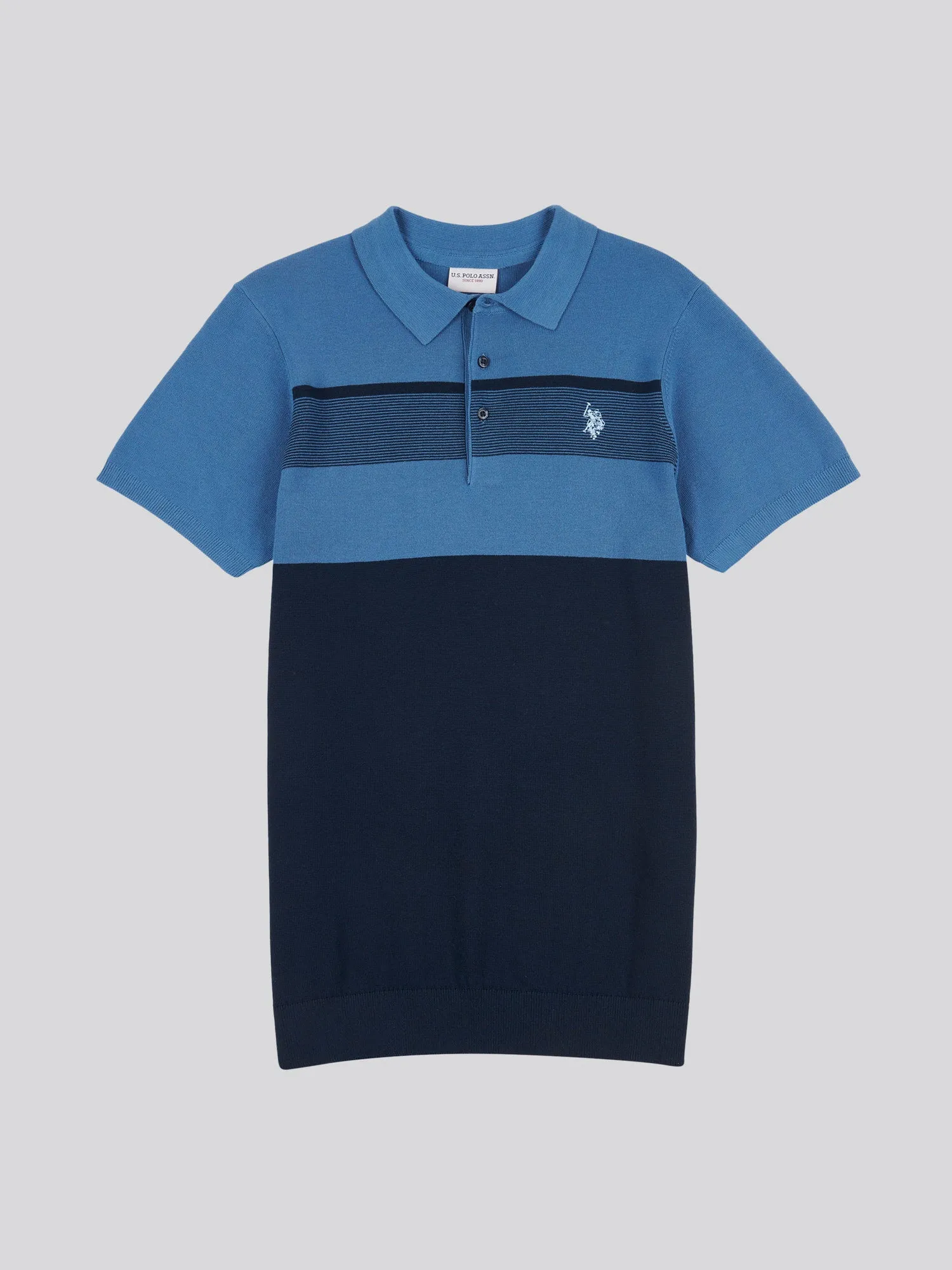 Mens Regular Fit Stripe Knit Polo Shirt in Blue Horizon