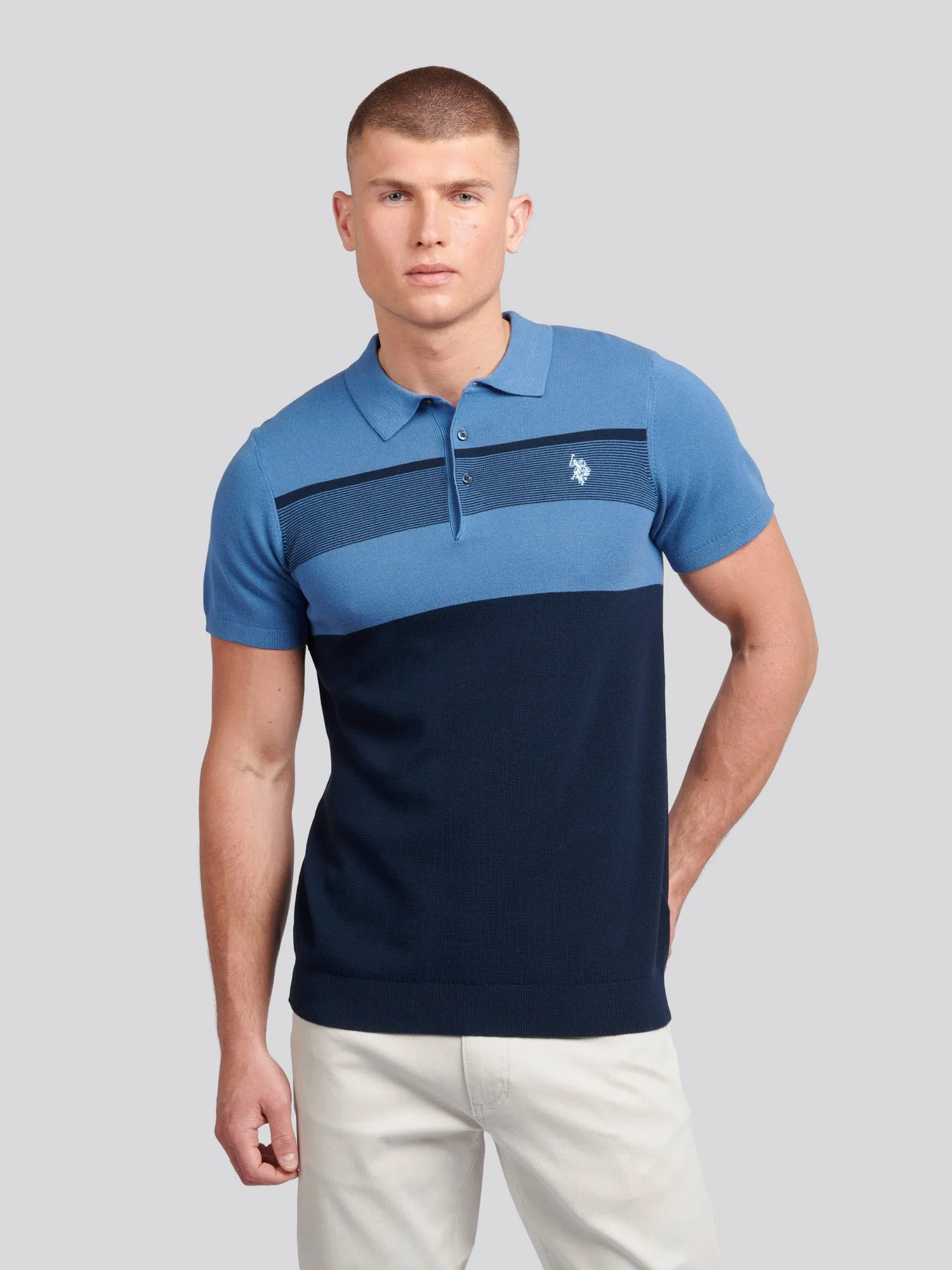 Mens Regular Fit Stripe Knit Polo Shirt in Blue Horizon