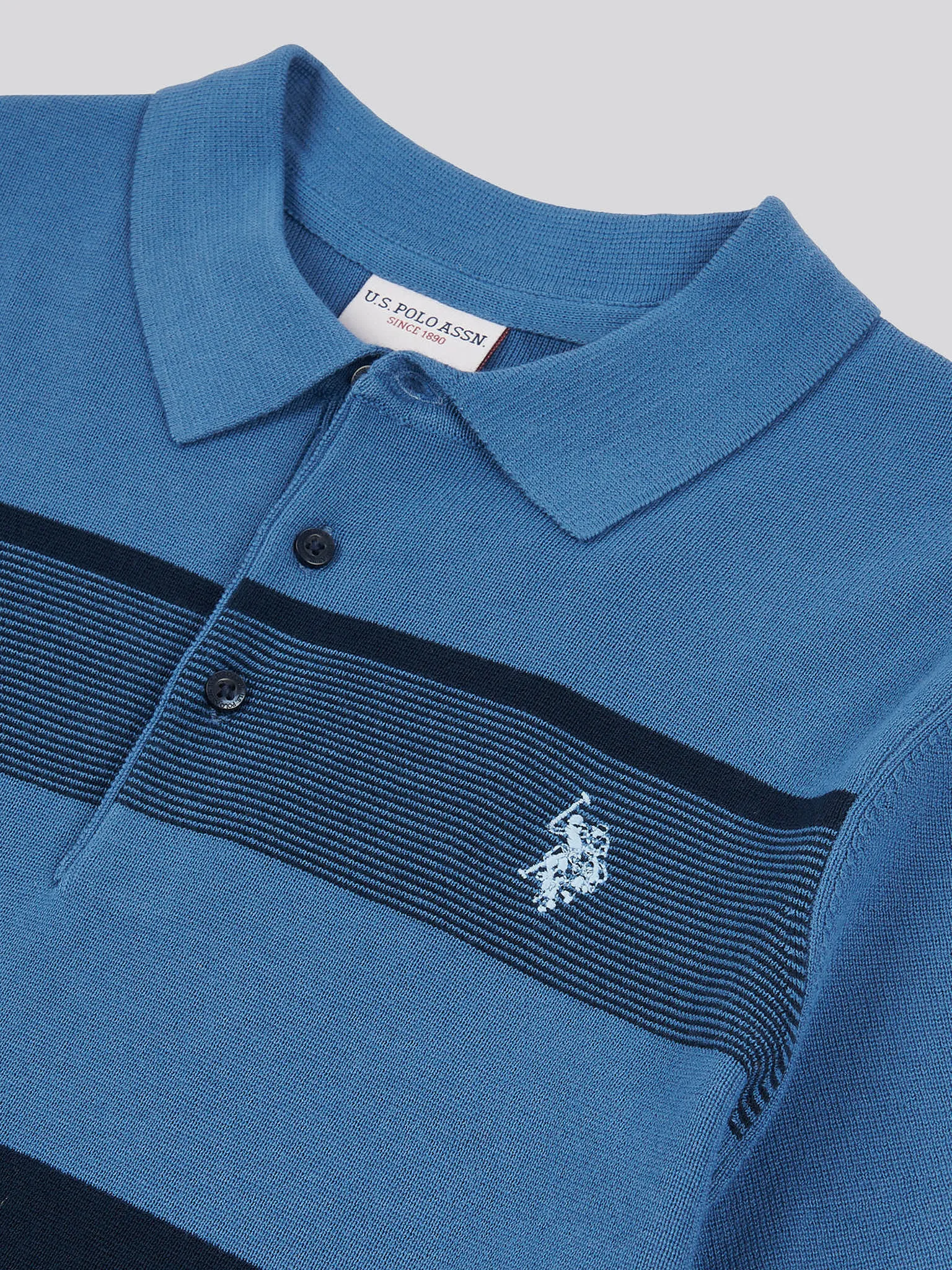 Mens Regular Fit Stripe Knit Polo Shirt in Blue Horizon
