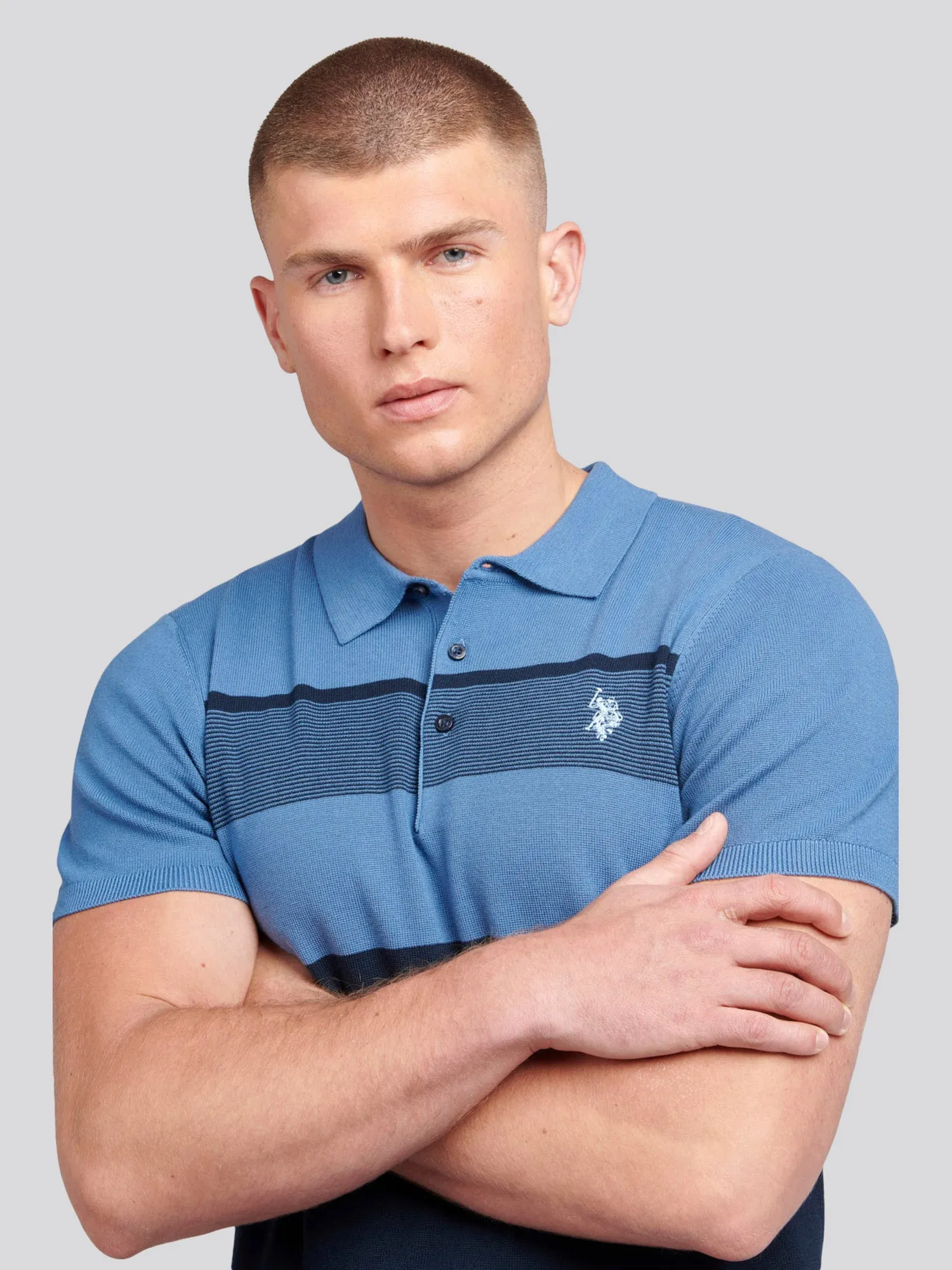 Mens Regular Fit Stripe Knit Polo Shirt in Blue Horizon