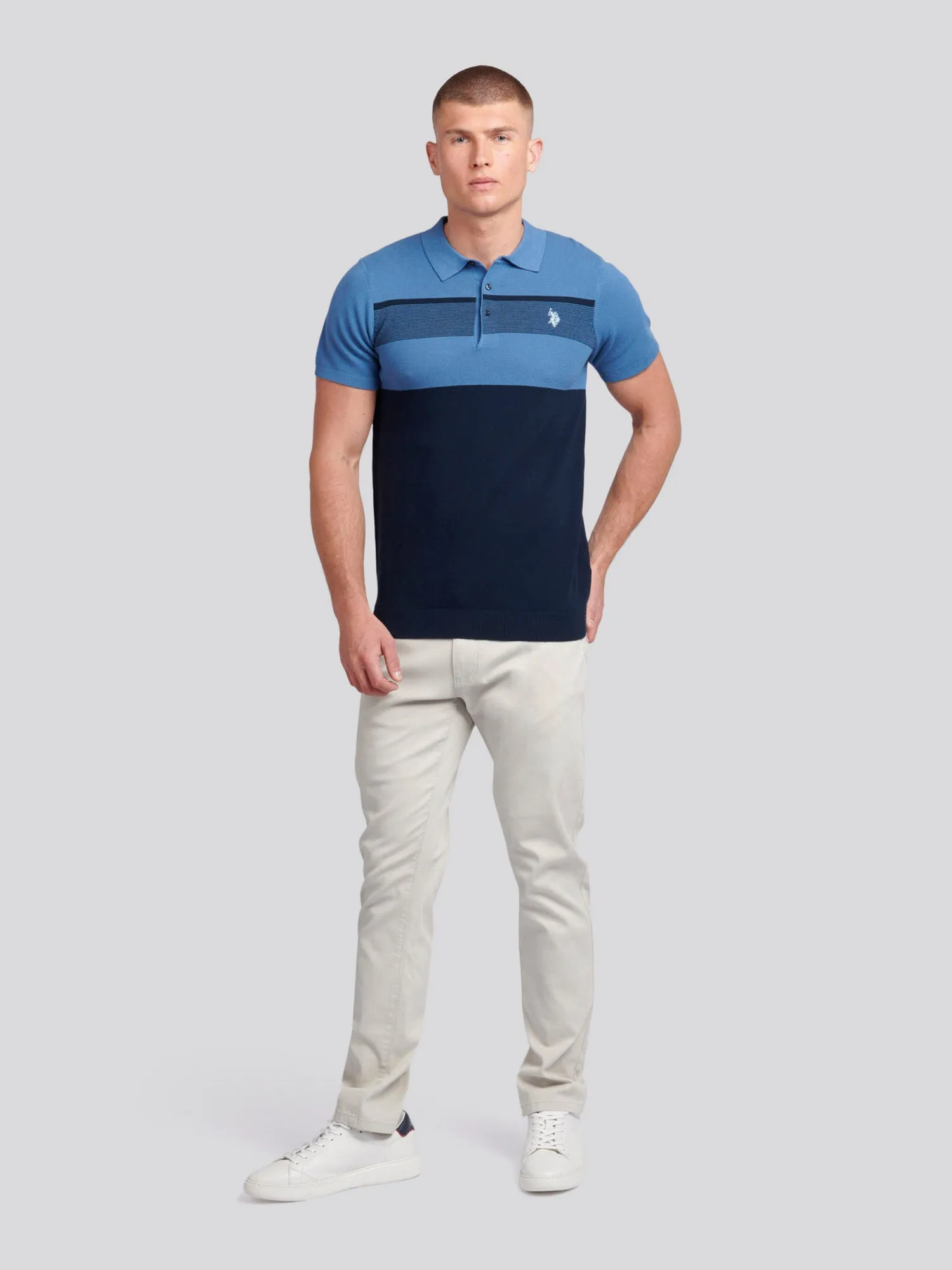 Mens Regular Fit Stripe Knit Polo Shirt in Blue Horizon