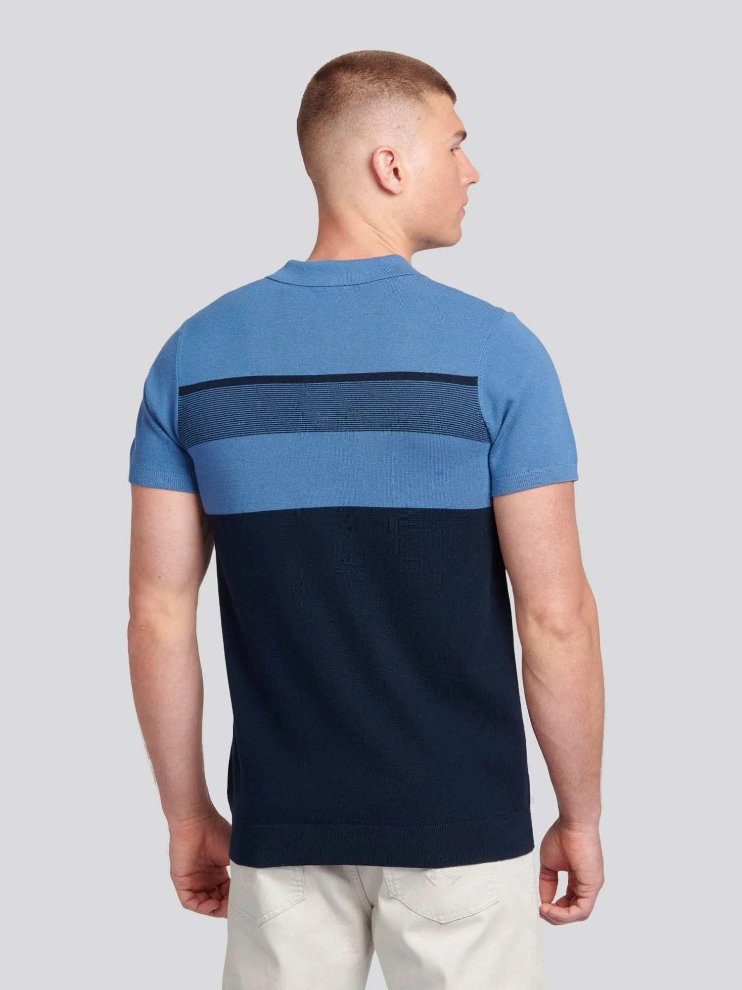 Mens Regular Fit Stripe Knit Polo Shirt in Blue Horizon