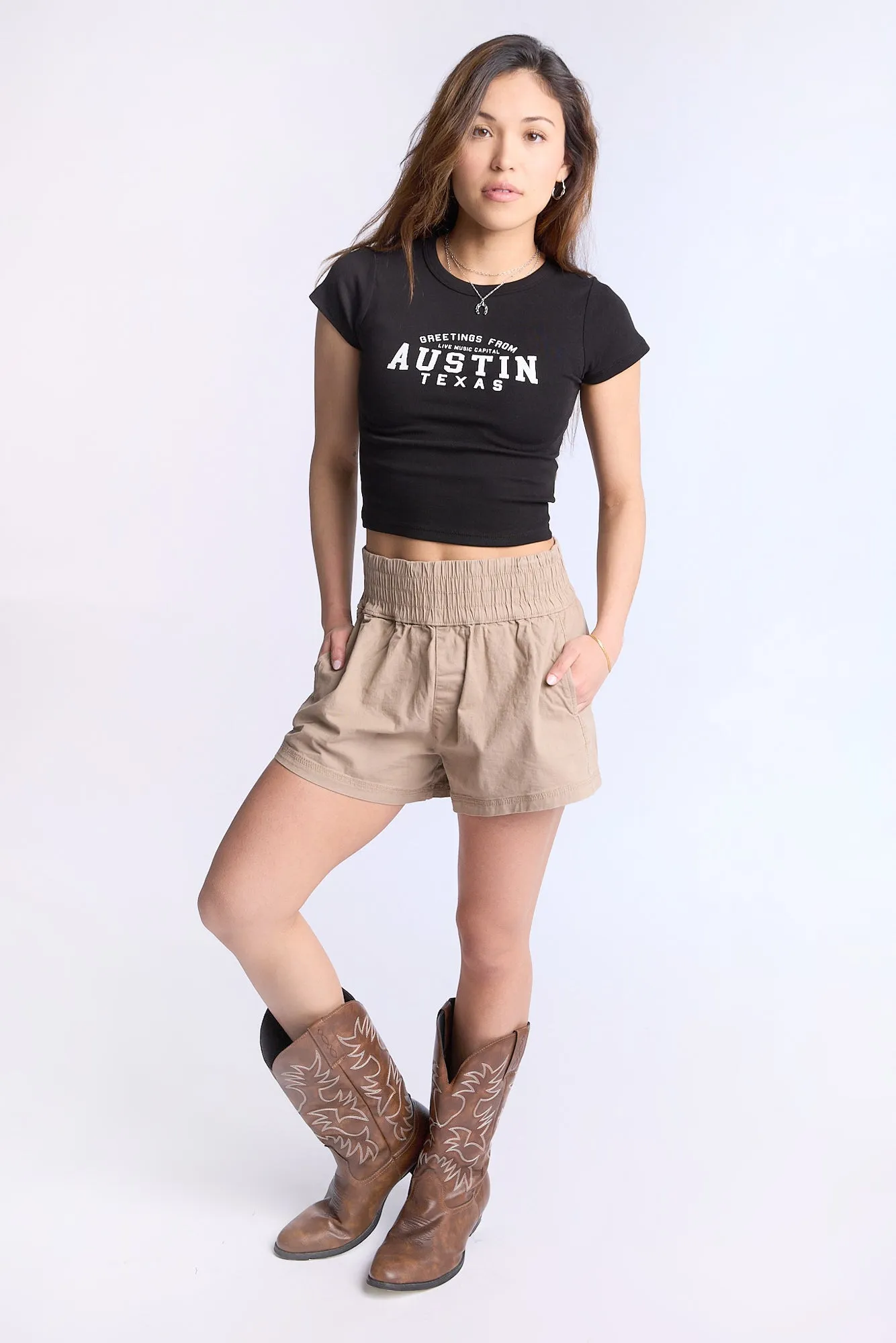 Mid Rise Twill Paperbag Shorts