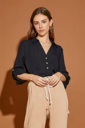 Mustard Seed Black V Neck Button Down Henley Shirt