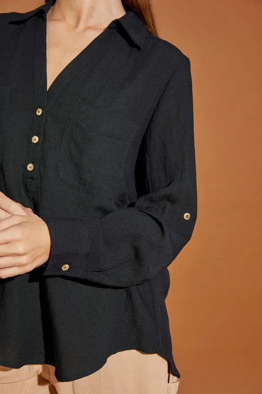 Mustard Seed Black V Neck Button Down Henley Shirt