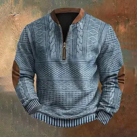 NEW Men's Vintage Knit Print Sweatshirt Casual Long Sleeve Pullover Henley Shirts Zip Up Stand Collar Jackets, Blue, Sz M