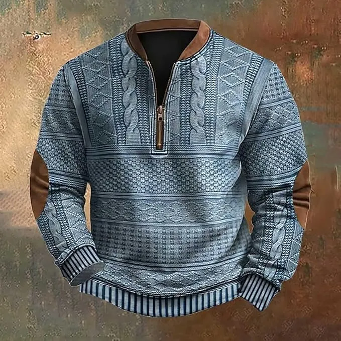 NEW Men's Vintage Knit Print Sweatshirt Casual Long Sleeve Pullover Henley Shirts Zip Up Stand Collar Jackets, Blue, Sz M