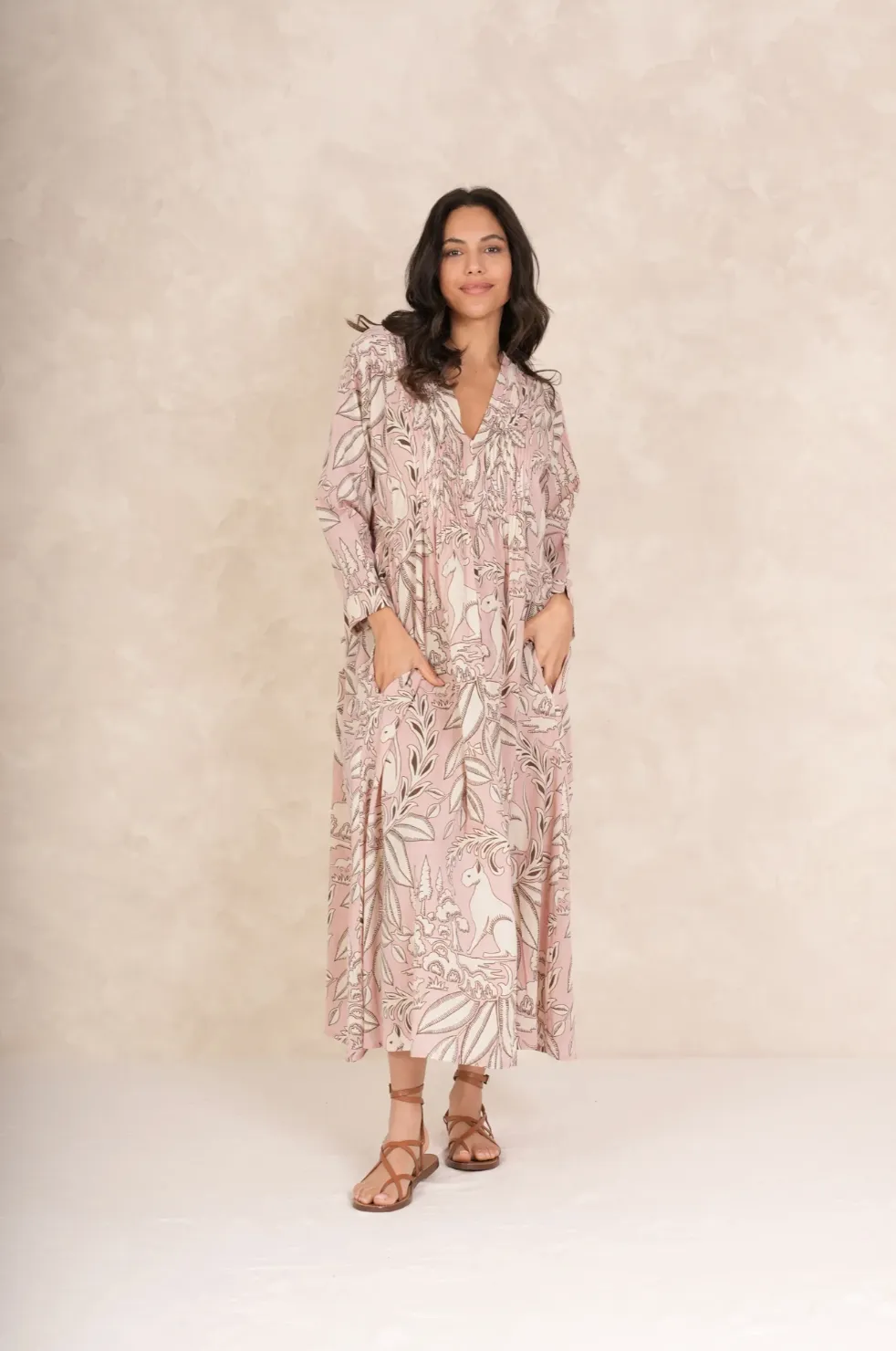 One Hundred Stars Pinch Pleat Maxi Dress in Pink Sphinx Print - DPPSPHPIN