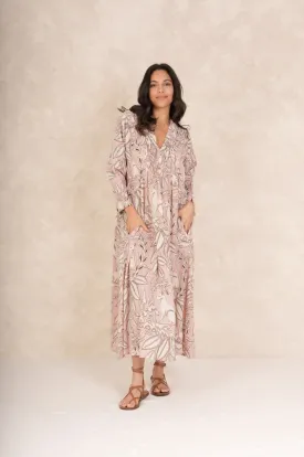 One Hundred Stars Pinch Pleat Maxi Dress in Pink Sphinx Print - DPPSPHPIN