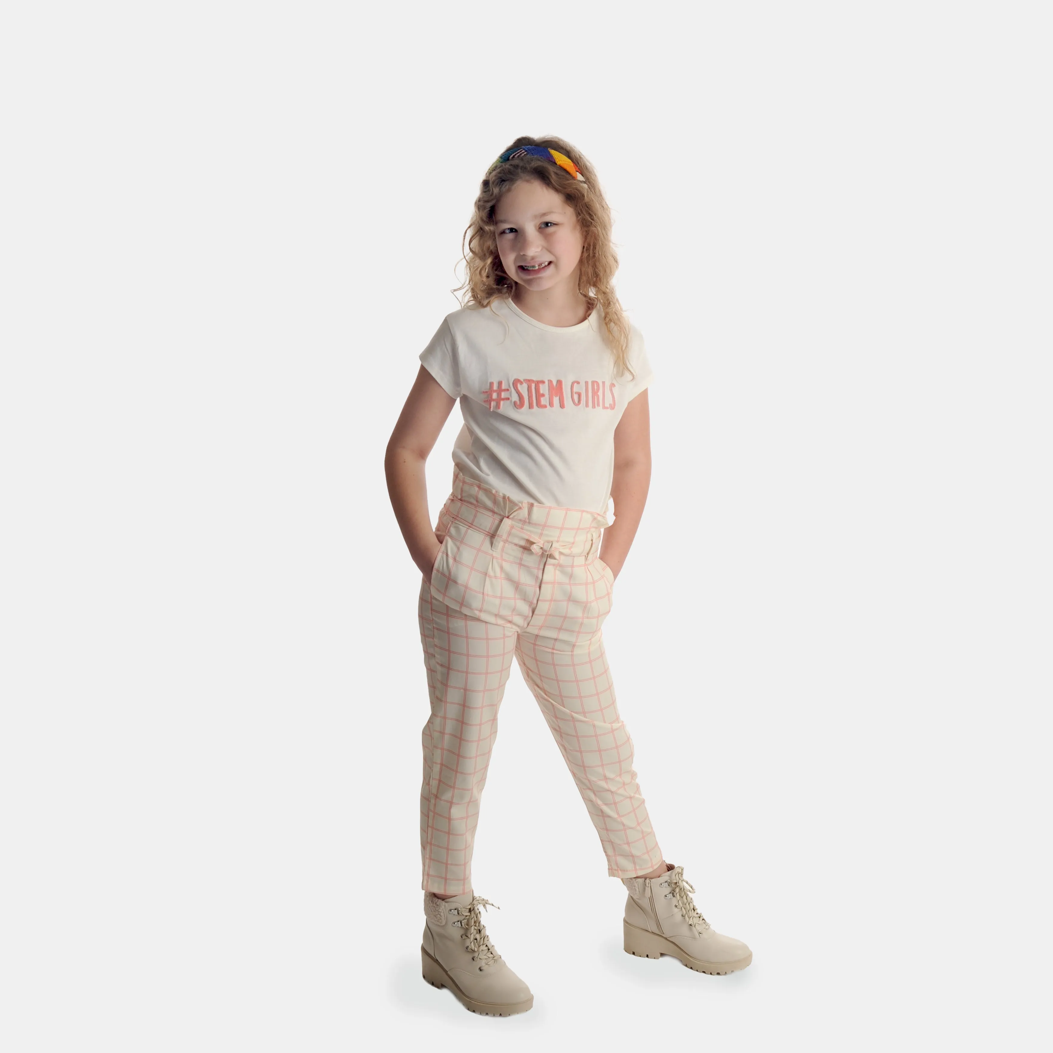Pink Grid Paperbag Pants with Pockets