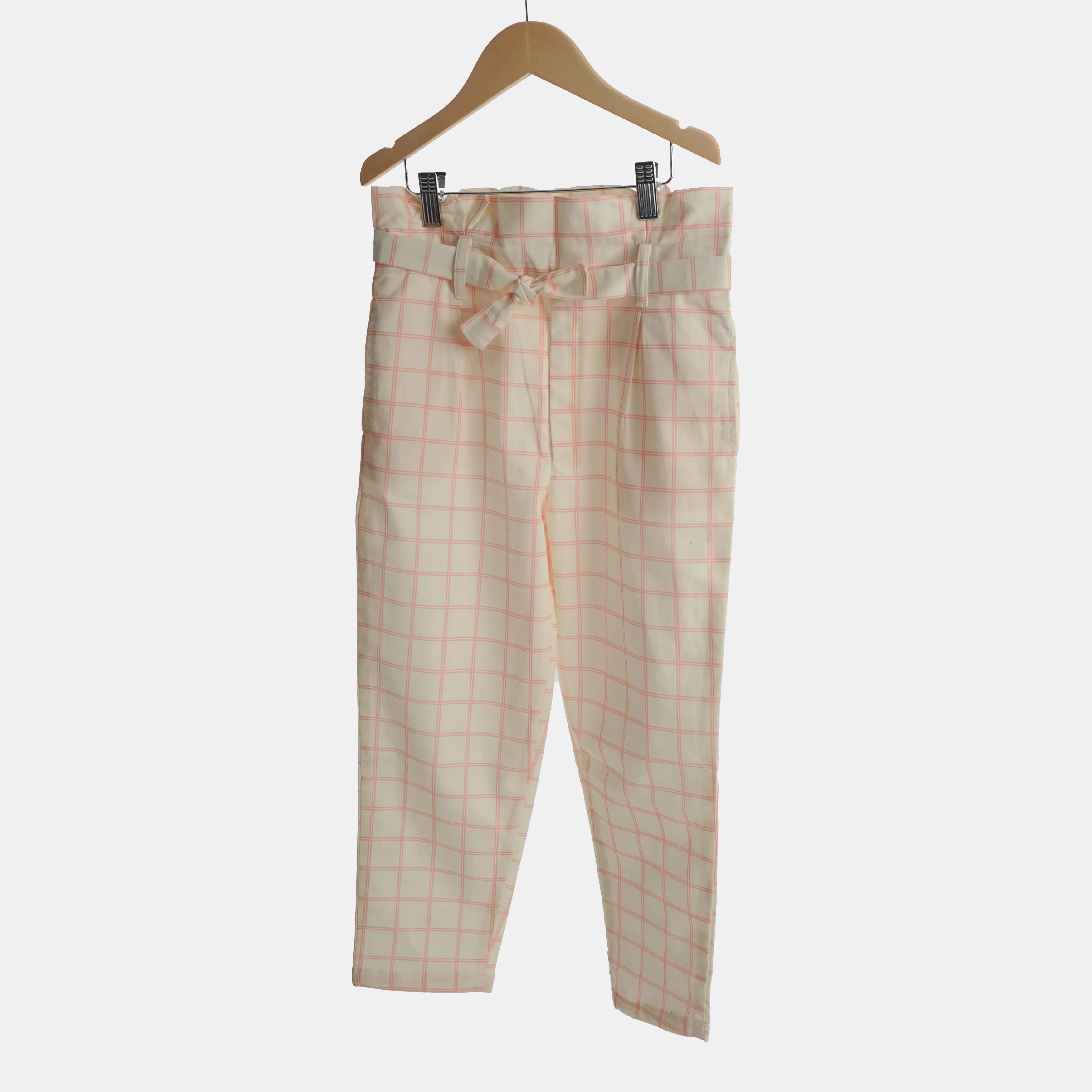 Pink Grid Paperbag Pants with Pockets