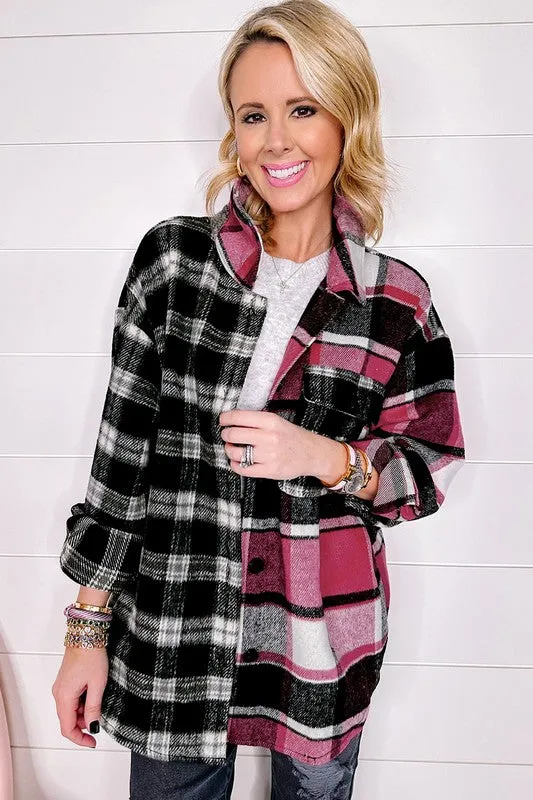 Pink Plaid Colorblock Loose Button Down Shacket