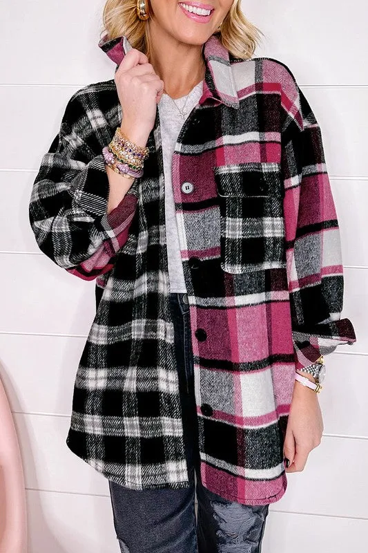 Pink Plaid Colorblock Loose Button Down Shacket
