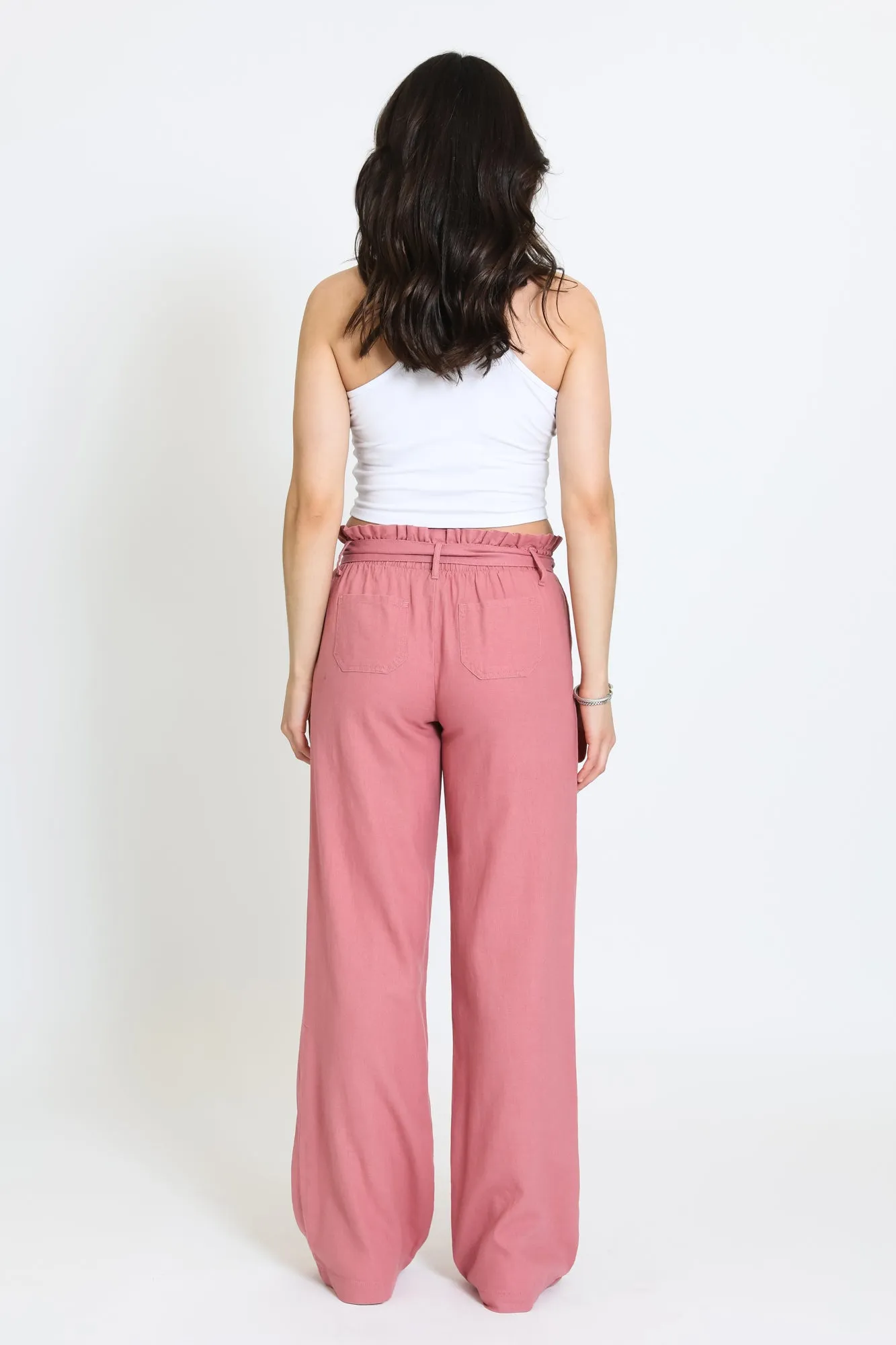 SELF TIE PAPERBAG WIDE LEG PANT - SUNKISS MAUVE