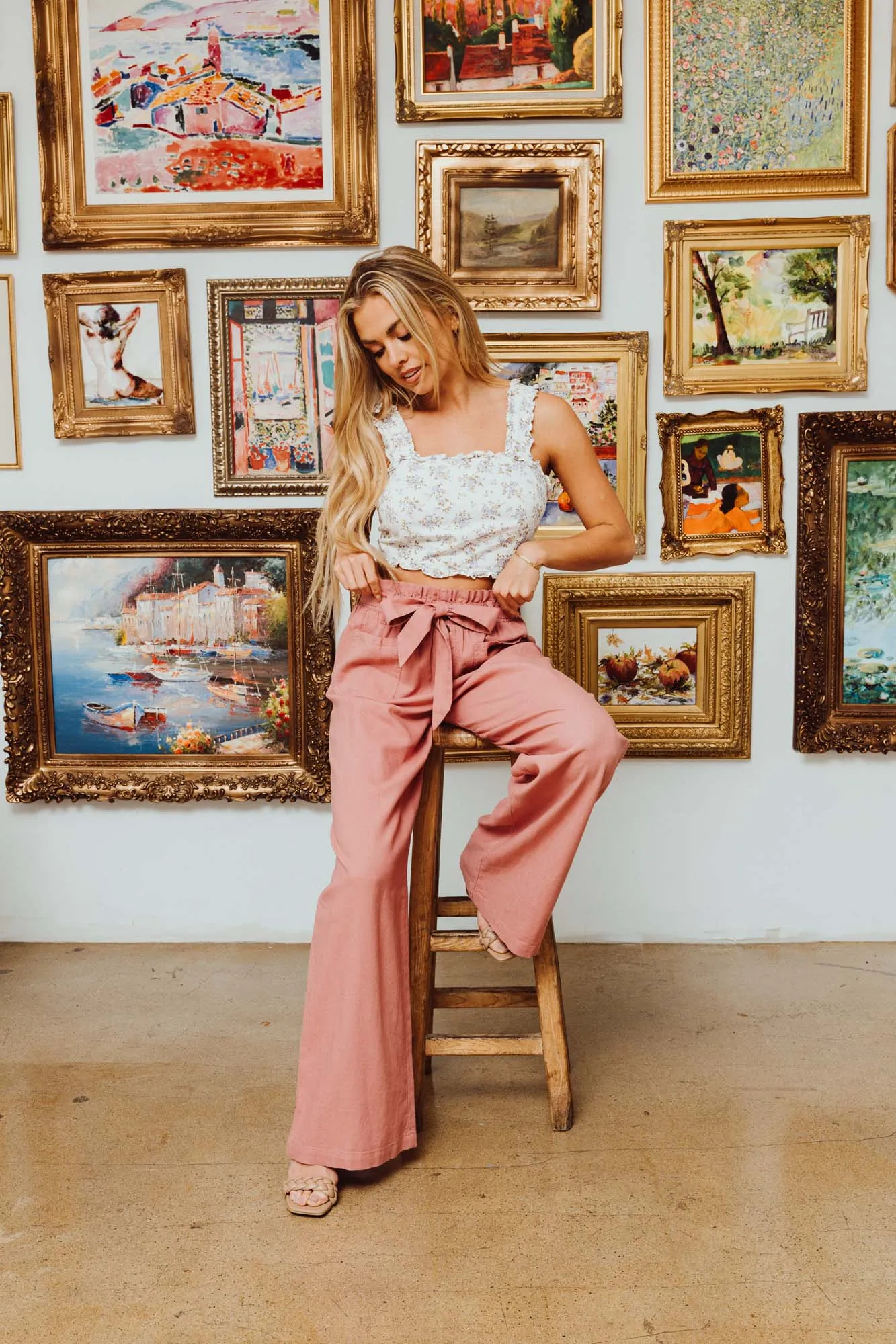 SELF TIE PAPERBAG WIDE LEG PANT - SUNKISS MAUVE