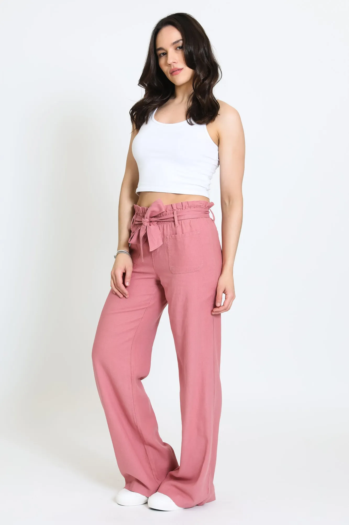 SELF TIE PAPERBAG WIDE LEG PANT - SUNKISS MAUVE