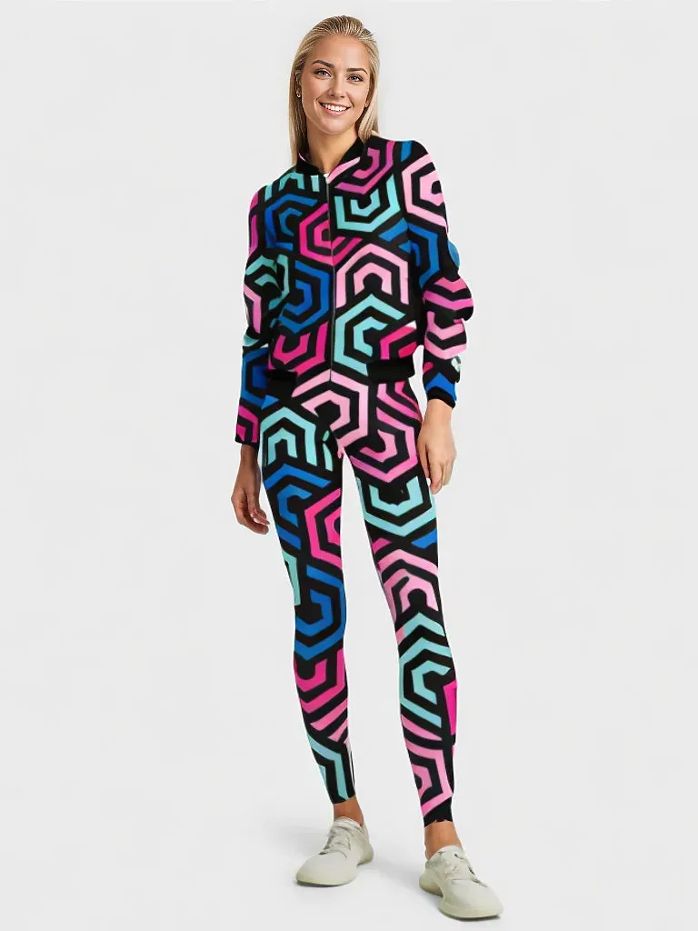 Trendy Geometric Print Bomber Jacket With Leggings Co Ord Set