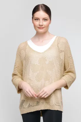 Uchuu CS25-904 Gold Floral Knitted Jumper – Women’s Open-Knit Floral Sweater