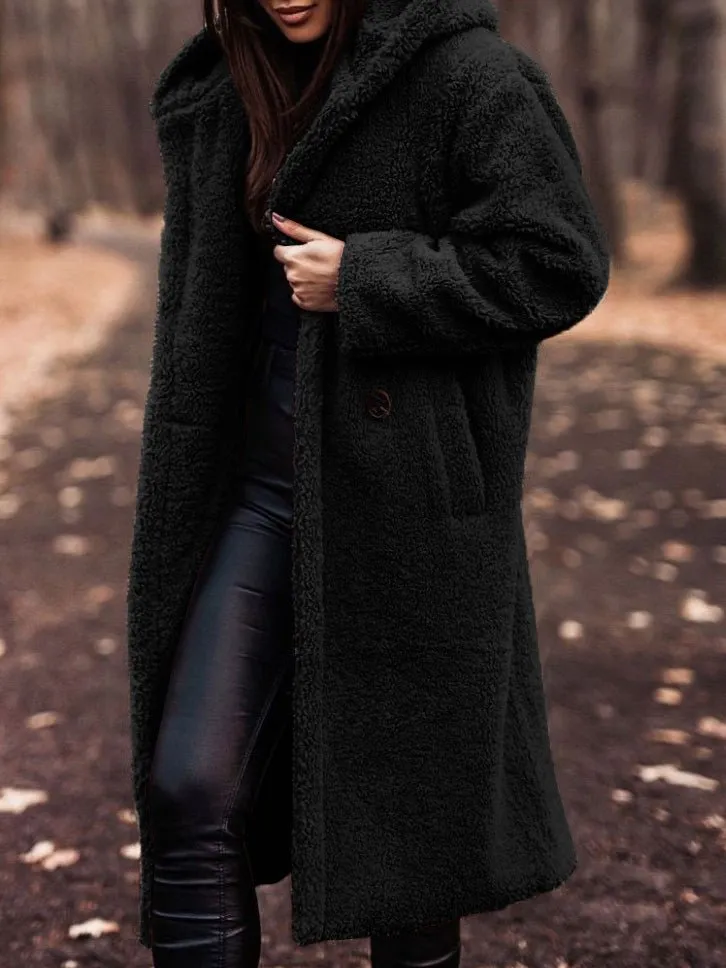 Women's Coats Solid Pocket Long Sleeve Hooded Wool Coat