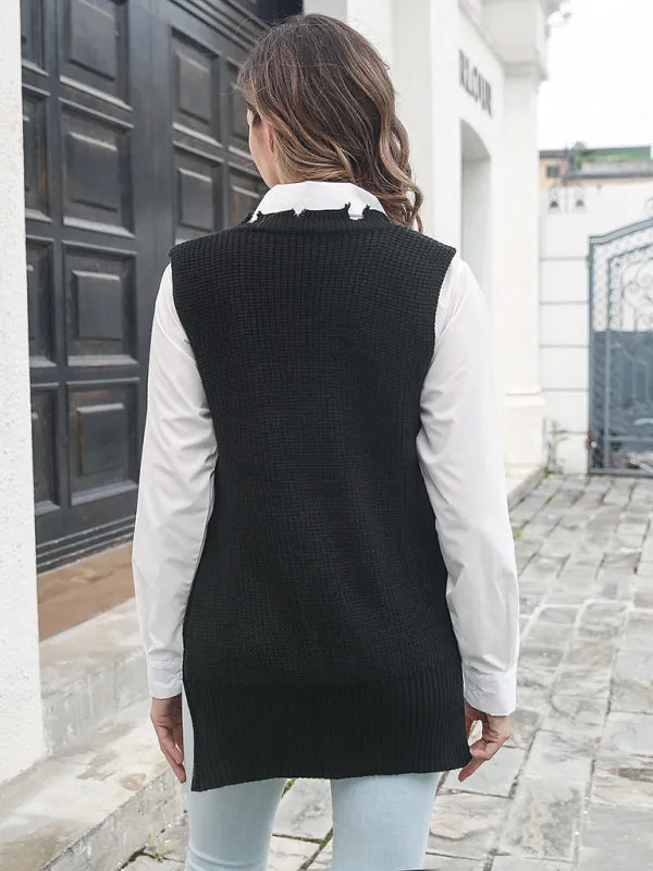 Women's personalized side zipper split V-neck vest knitted sweater