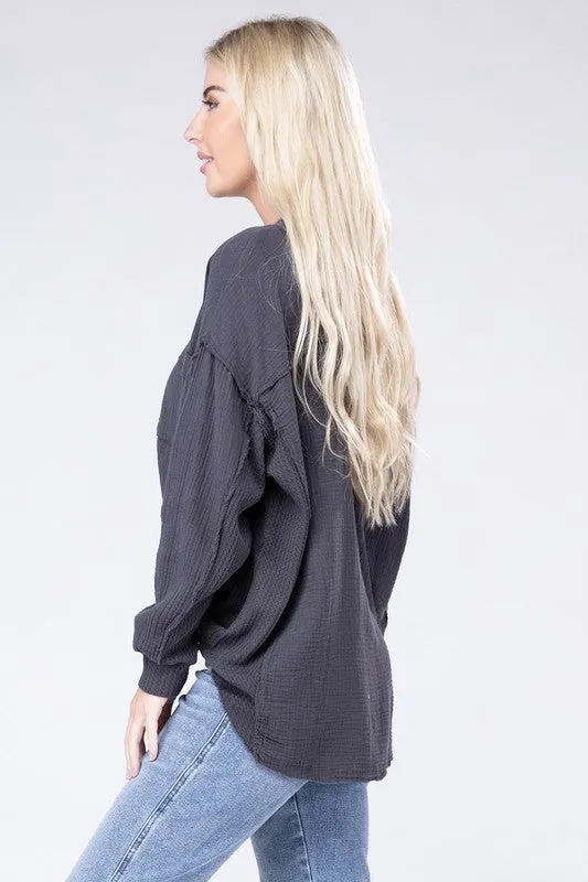 Zenana Double Gauze Oversized 3/4 Button Henley Neck Top