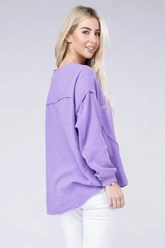 Zenana Double Gauze Oversized 3/4 Button Henley Neck Top