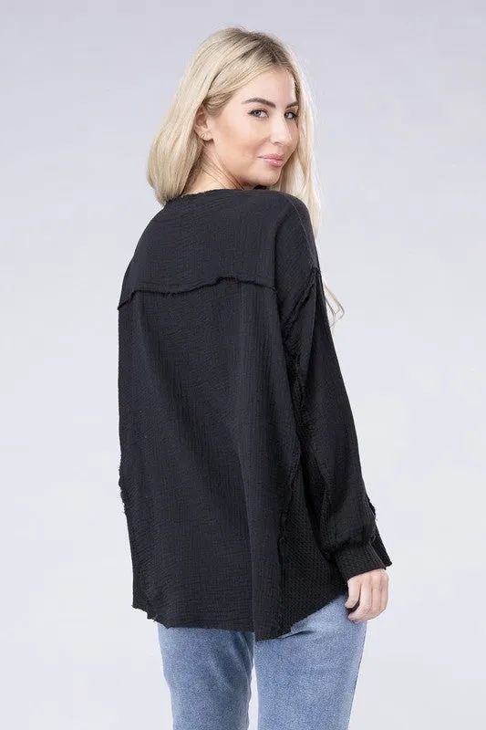Zenana Double Gauze Oversized 3/4 Button Henley Neck Top