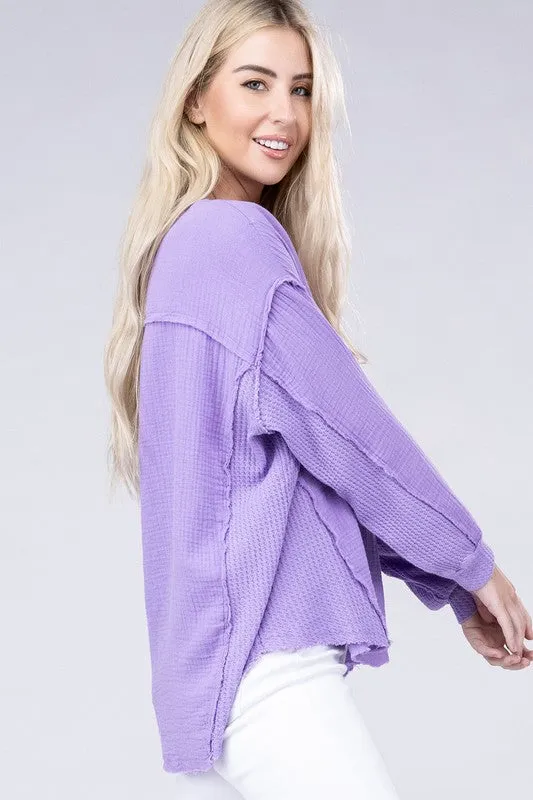 Zenana Double Gauze Oversized 3/4 Button Henley Neck Top
