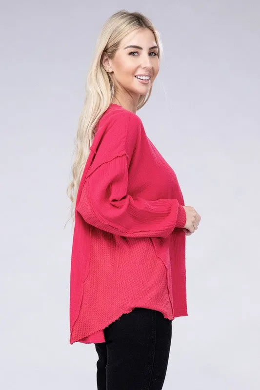 Zenana Double Gauze Oversized 3/4 Button Henley Neck Top