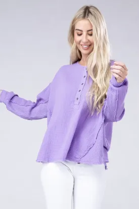 Zenana Double Gauze Oversized 3/4 Button Henley Neck Top