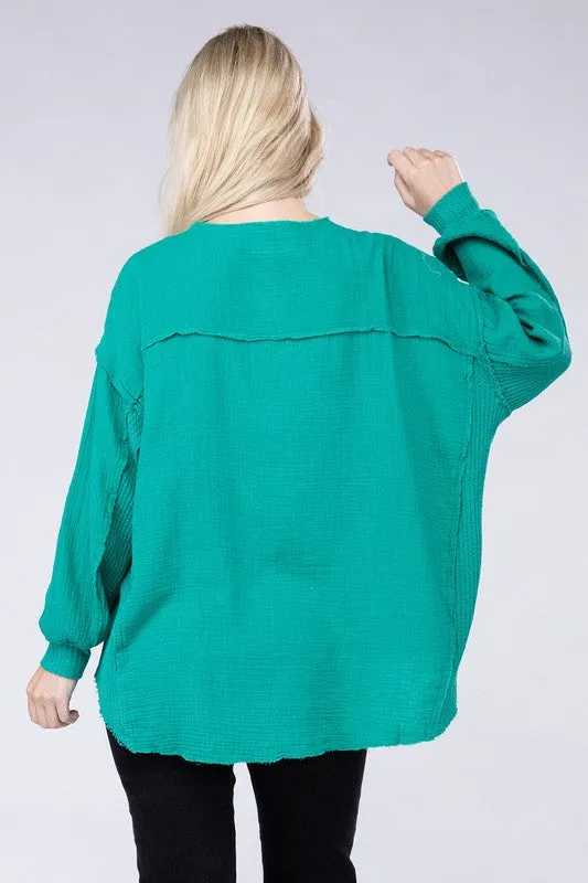 Zenana Double Gauze Oversized 3/4 Button Henley Neck Top