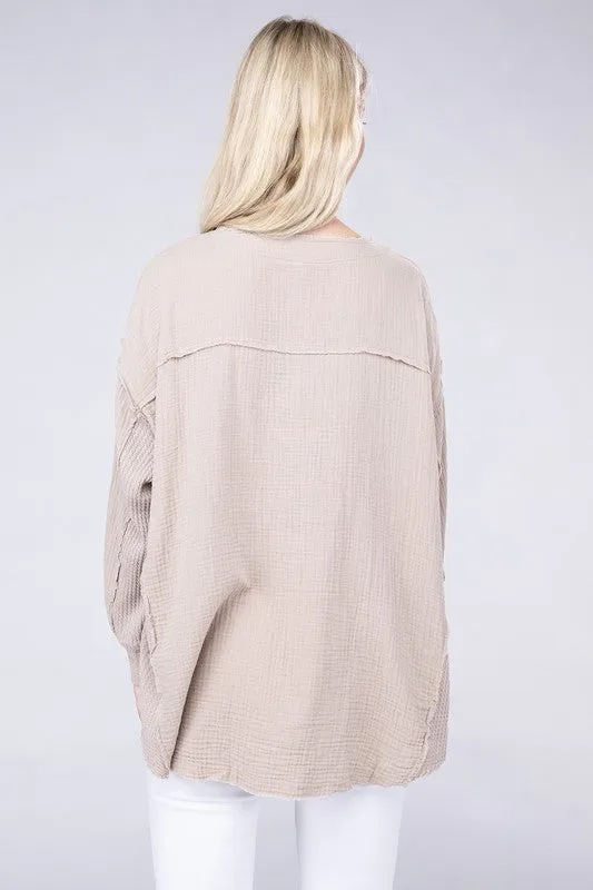 Zenana Double Gauze Oversized 3/4 Button Henley Neck Top