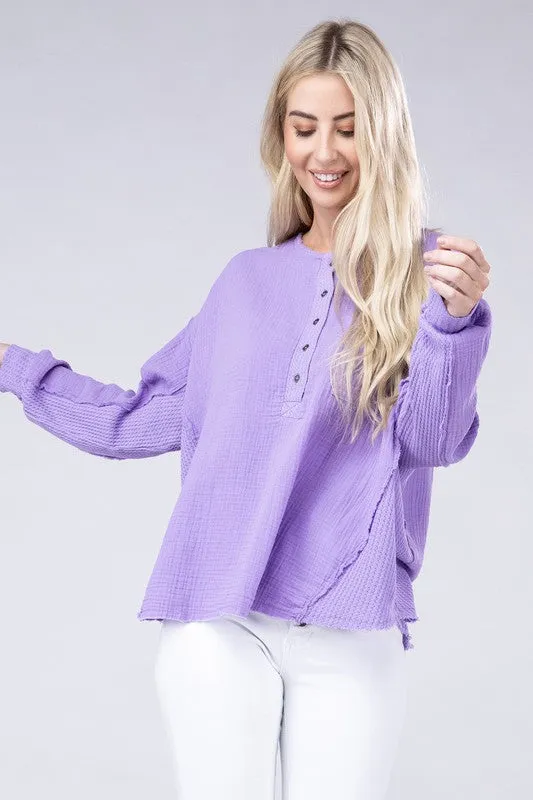 Zenana Double Gauze Oversized 3/4 Button Henley Neck Top