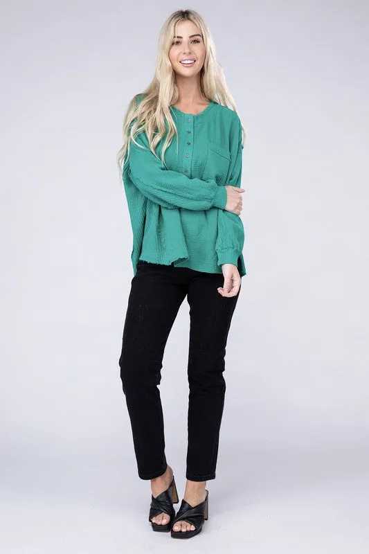 Zenana Double Gauze Oversized 3/4 Button Henley Neck Top