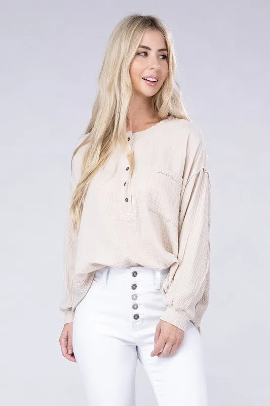 Zenana Double Gauze Oversized 3/4 Button Henley Neck Top