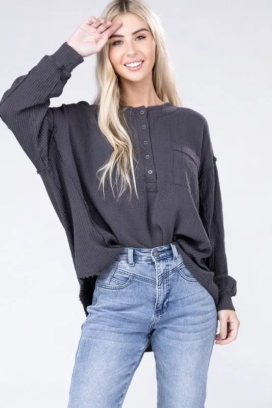 Zenana Double Gauze Oversized 3/4 Button Henley Neck Top