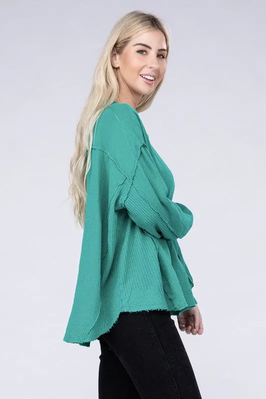 Zenana Double Gauze Oversized 3/4 Button Henley Neck Top