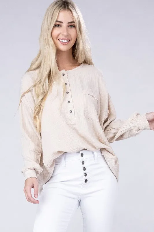 Zenana Double Gauze Oversized 3/4 Button Henley Neck Top