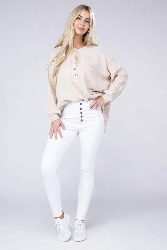 Zenana Double Gauze Oversized 3/4 Button Henley Neck Top