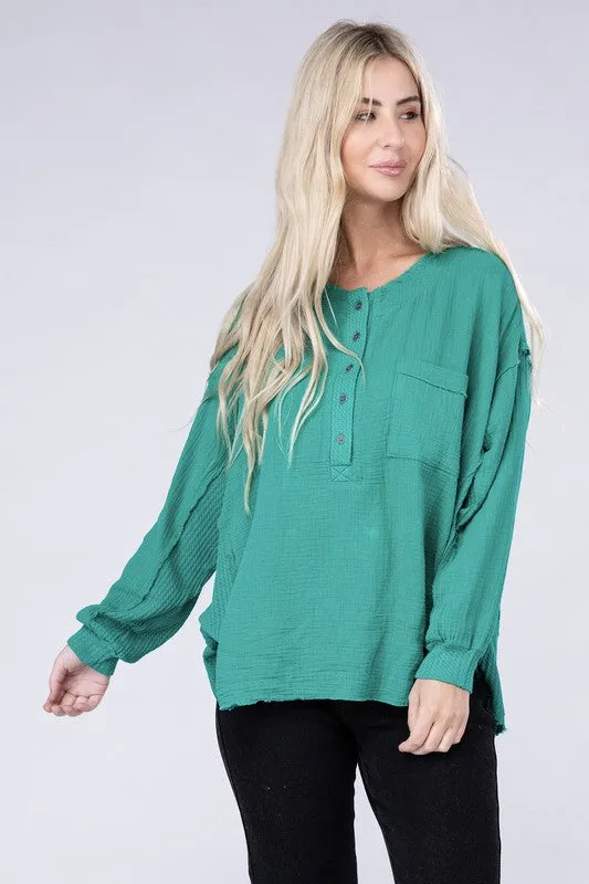 Zenana Double Gauze Oversized 3/4 Button Henley Neck Top
