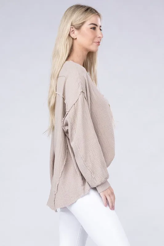 Zenana Double Gauze Oversized 3/4 Button Henley Neck Top