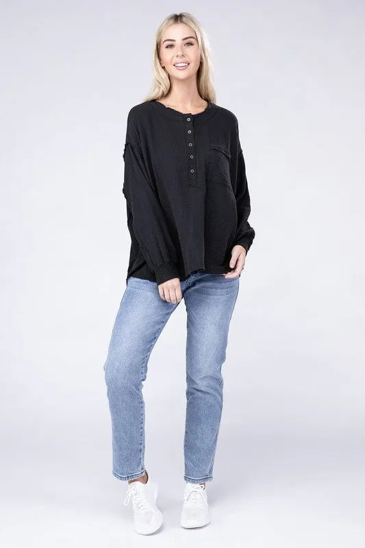 Zenana Double Gauze Oversized 3/4 Button Henley Neck Top