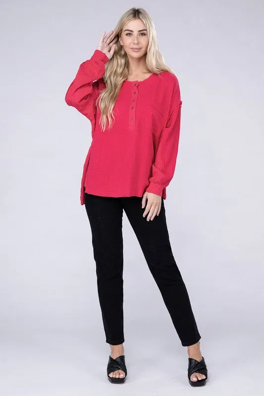 Zenana Double Gauze Oversized 3/4 Button Henley Neck Top