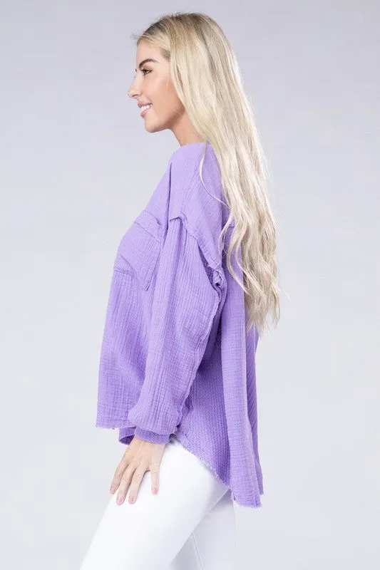 Zenana Double Gauze Oversized 3/4 Button Henley Neck Top