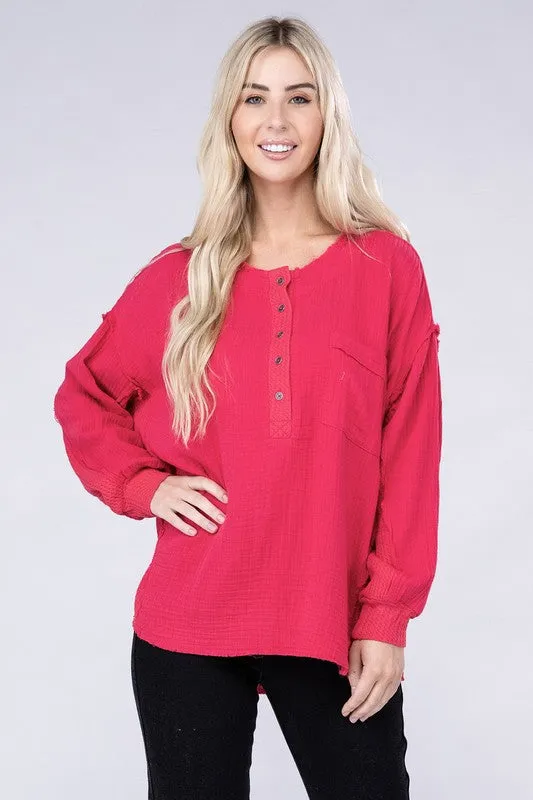Zenana Double Gauze Oversized 3/4 Button Henley Neck Top