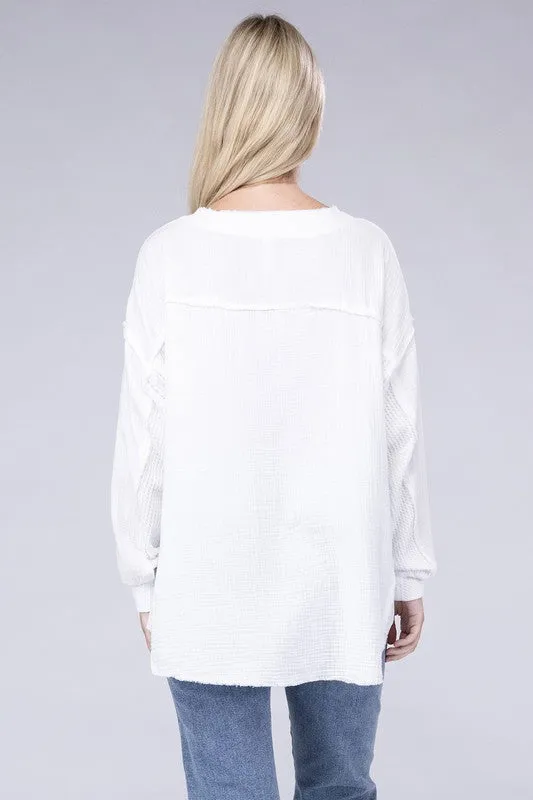 Zenana Double Gauze Oversized 3/4 Button Henley Neck Top